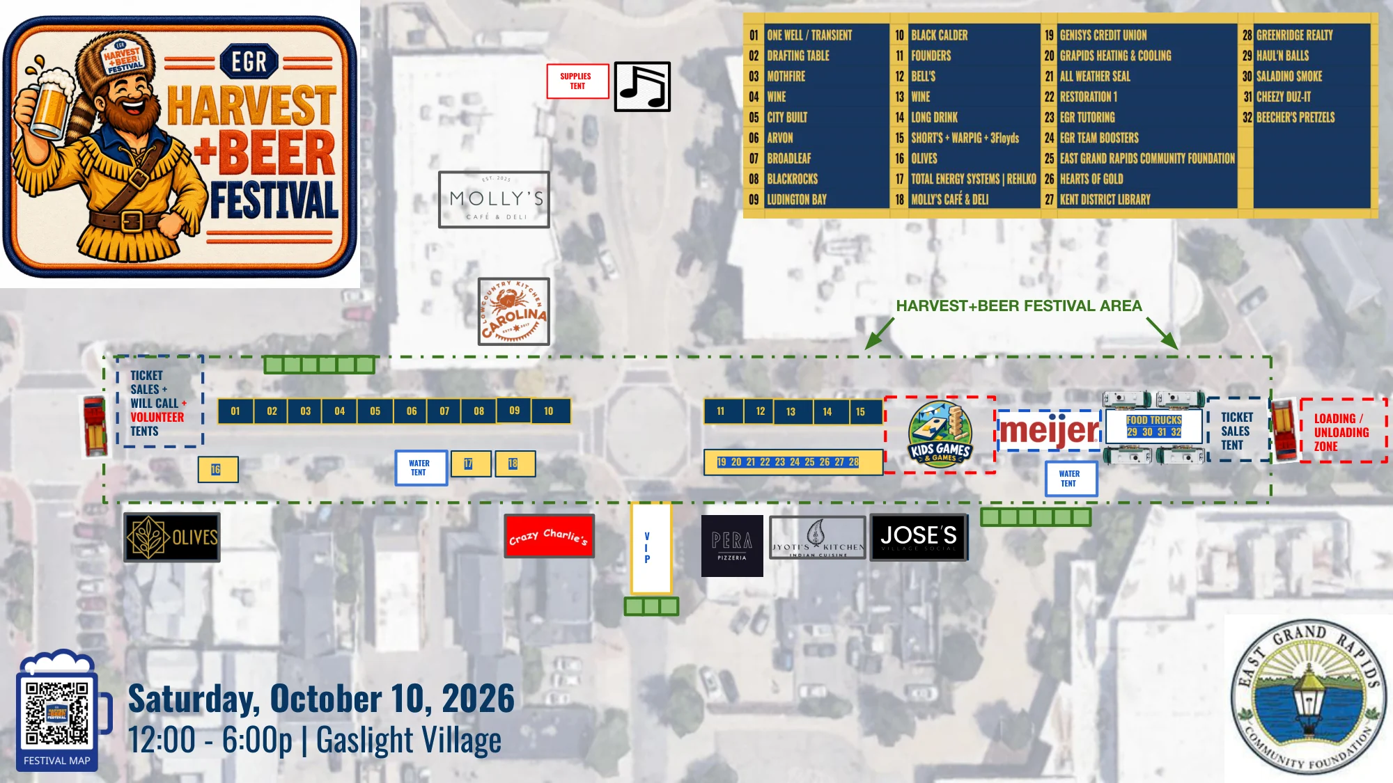 Map of the festival in Gaslight Village showing numbered brewery booths 1 through 32, ticket sales and will call, the volunteer tent, kids games, food trucks, the VIP area and water tents